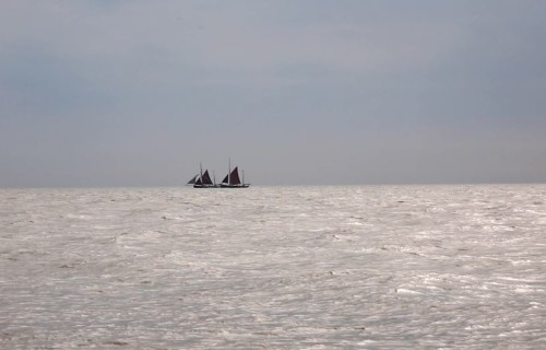 An image of two smack boats at sea from the students' documentary film   Credit Paston College
